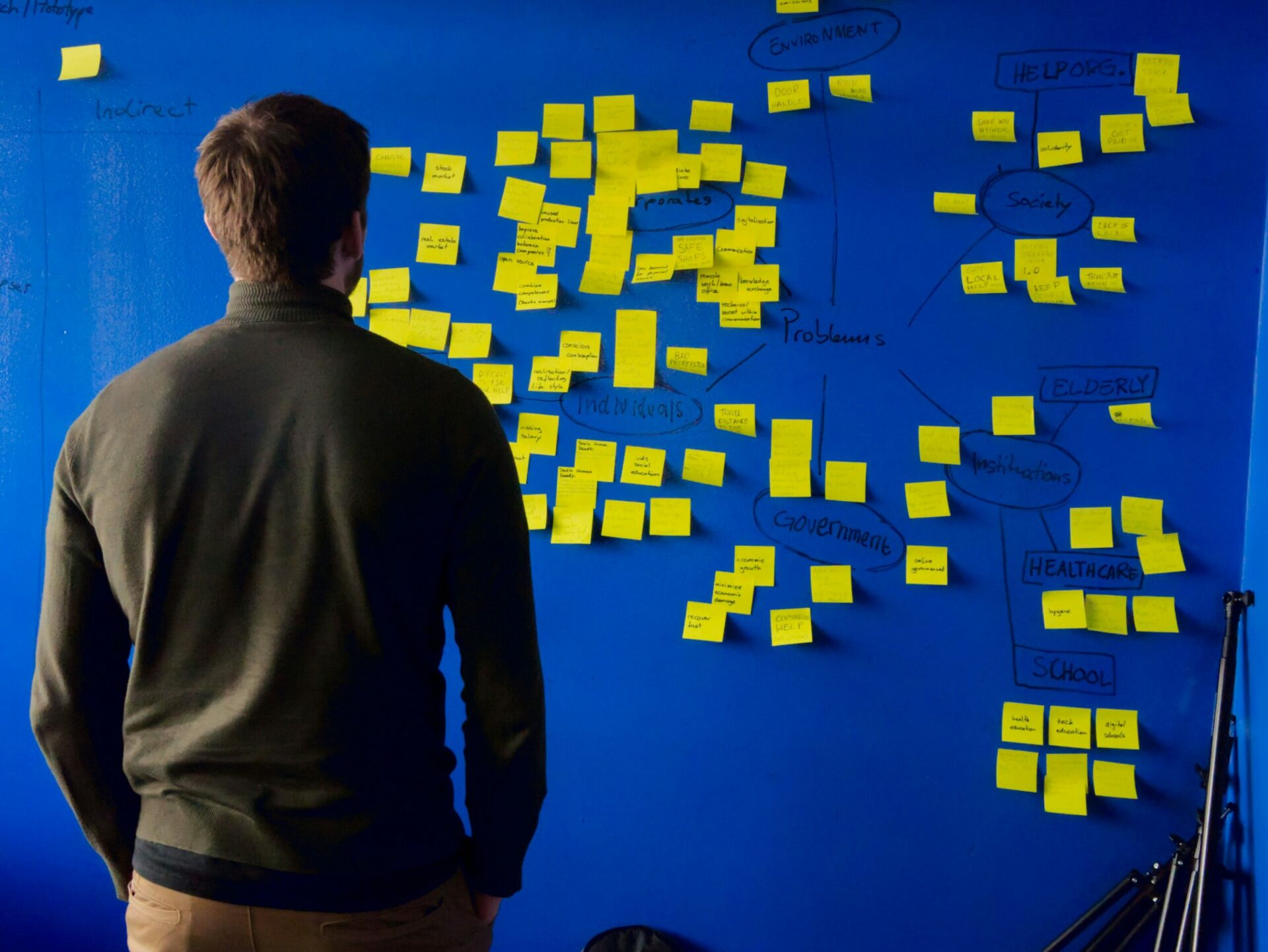 Un homme regarde un tableau composé de plusieurs post-its